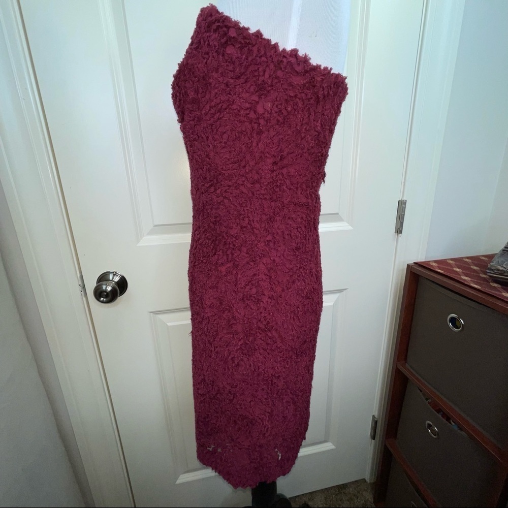 Storia Textured Floral Mini Dress Strapless Bodycon Maroon L - Picture 5 of 17